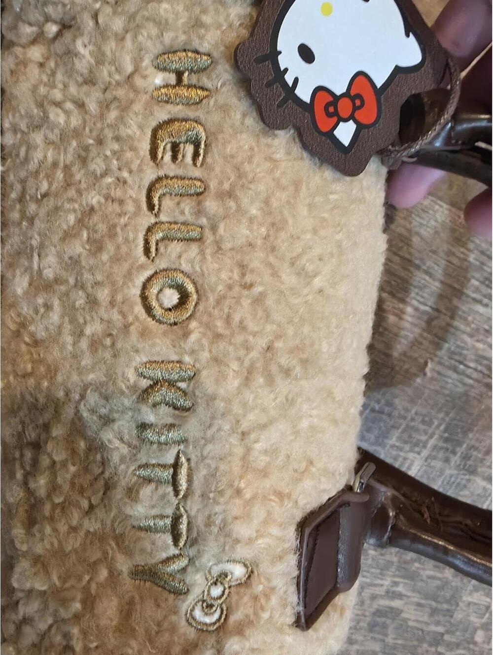 Hello Kitty Faux Shearling Barrel Crossbody Bag - Beige and Brown - Picture 2 of 8